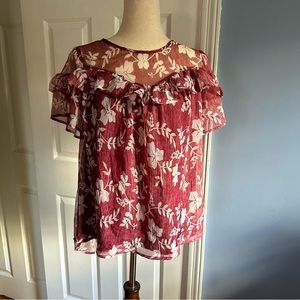 Doe & Rae Wine Burgundy Floral Blouse Small Ruffle Flutter Sleeve Chiffon Top